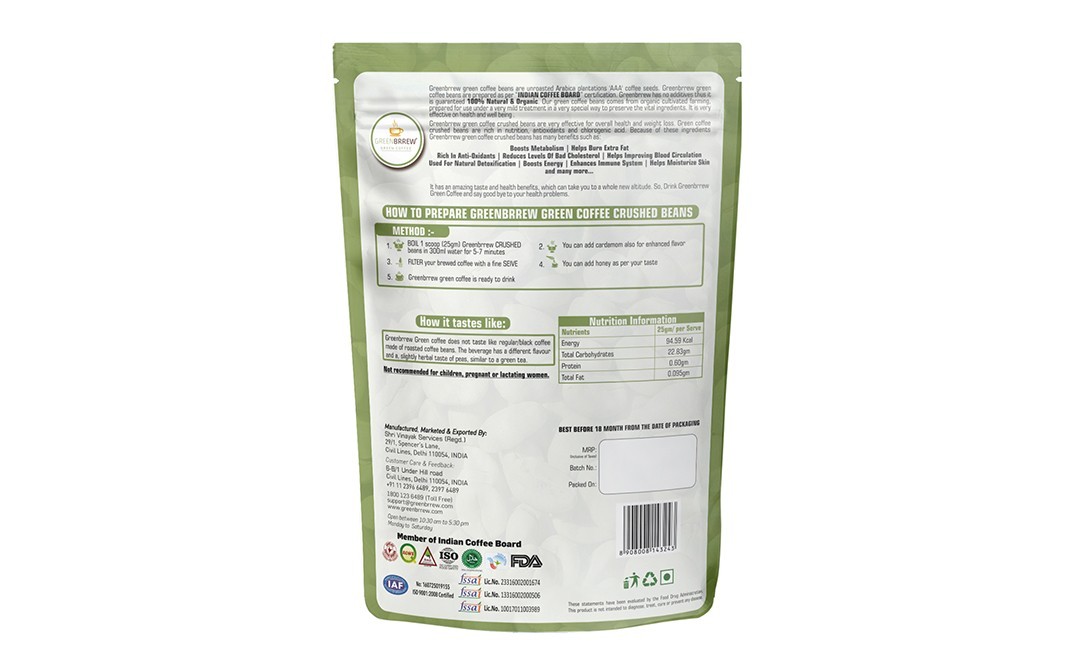 GreenBrrew Green Coffee Crushed Beans    Pack  200 grams